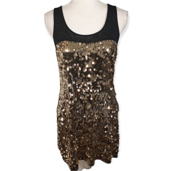 EXPRESS BLACK & GOLD SEQUIN SHIFT DRESS SZ.S EUC - Picture 1 of 10
